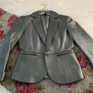 Lafayette 148 New York Silver Grey Metallic Leather Button Blazer 0